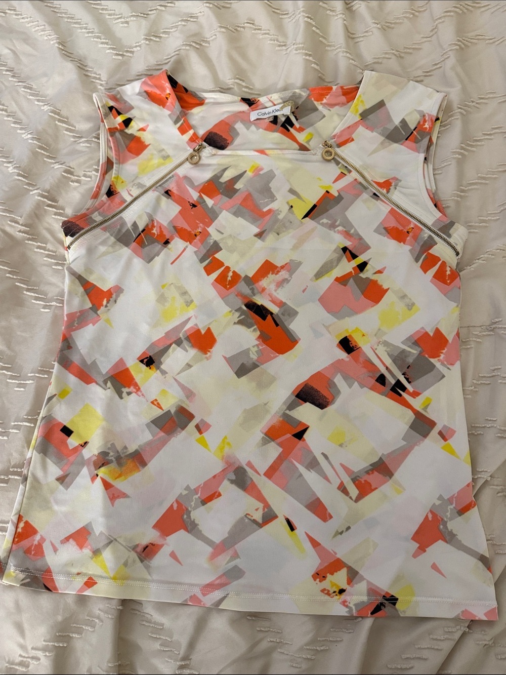 Calvin Klein Abstract Geo Print Sleeveless Tank in Coral, Yellow & Gray